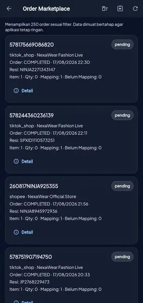 Tampilan Mobile Pesanan Marketplace